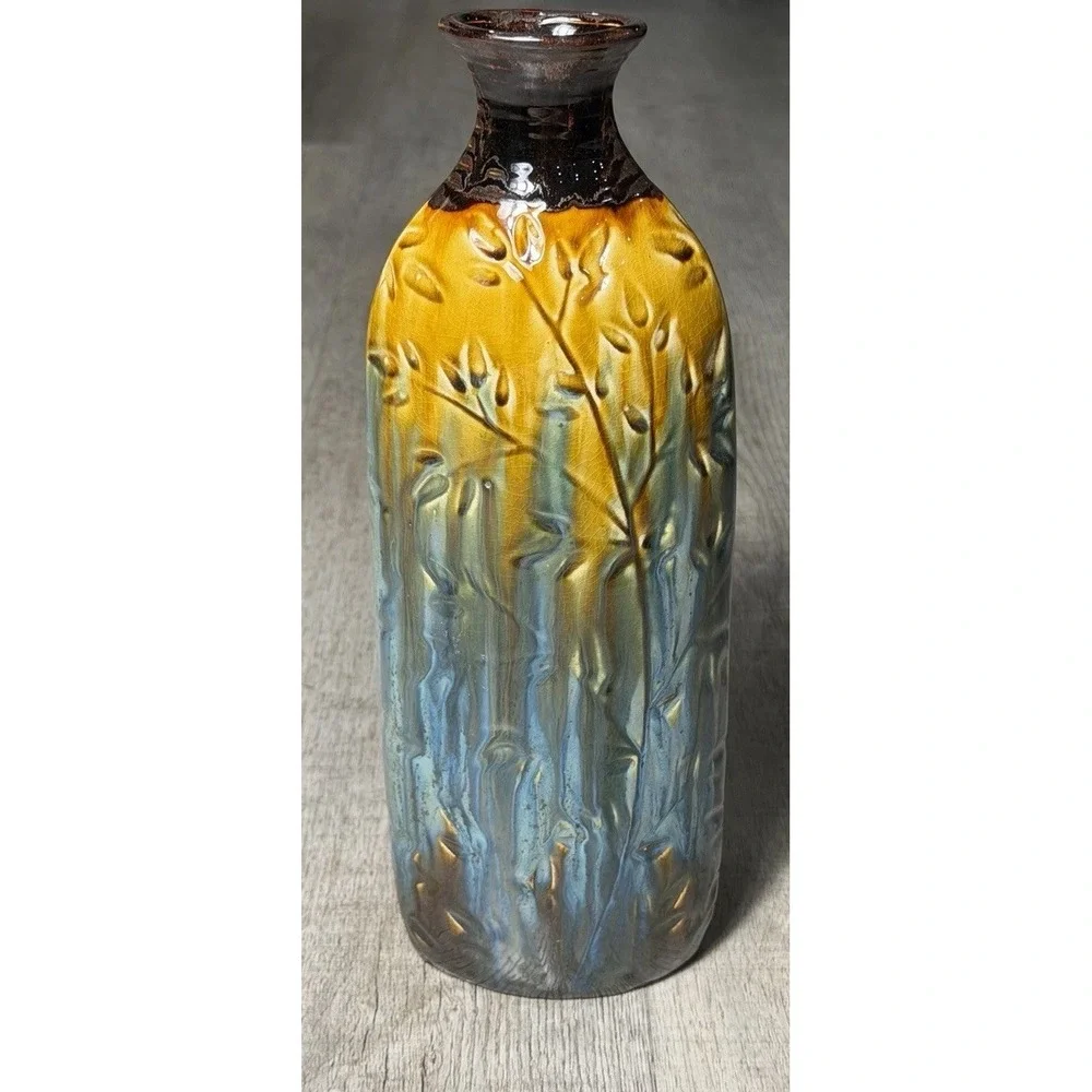 Vintage Style Blue Brown Drip Glaze Art Pottery Vase Embossed Floral Relief